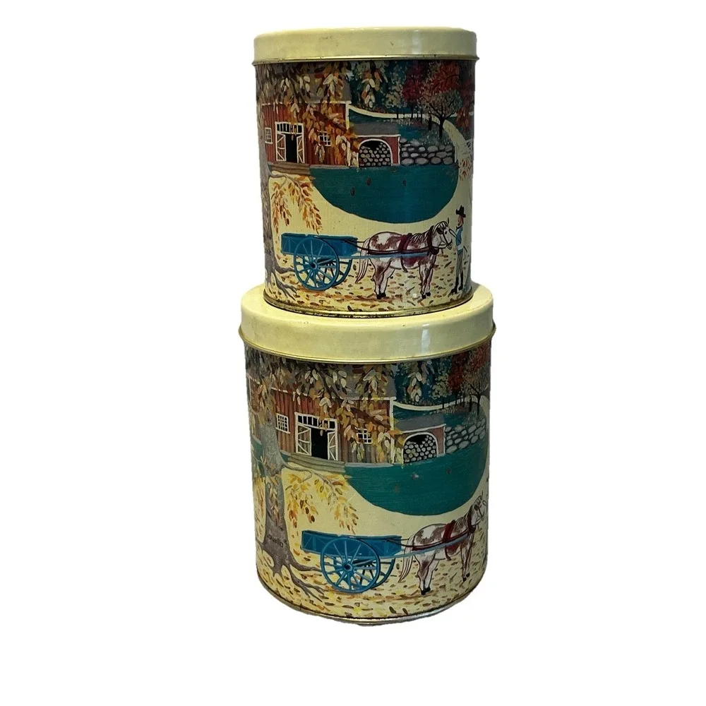 Vintage Set of 2 Meister Metal Nesting Tin Cans Canisters  w/Farm Scene - Brazil